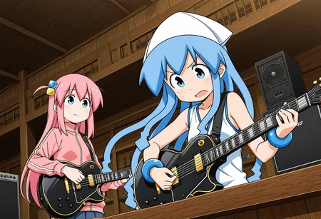 2girls, pub, guitar amp,
1girl, <lora:ikmsm_illustrious_v6:1> ikmsm, ikamusume, playing guitar, 
1girl, gotoh hitori, hair ornament, gibson les paul, playing guitar, jamming, 
front side,
general, masterpiece, best quality, very aesthetic, absurdres, anime coloring,, <lora:dmd2_sdxl_4step:1>