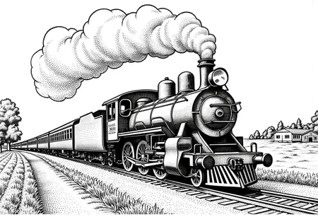 Old steam locomotive passing through the countryside, stippled illustration in the style of STPPLD, with clouds of smoke billowing from the engine and rolling hills dotted with trees and small farms in the background