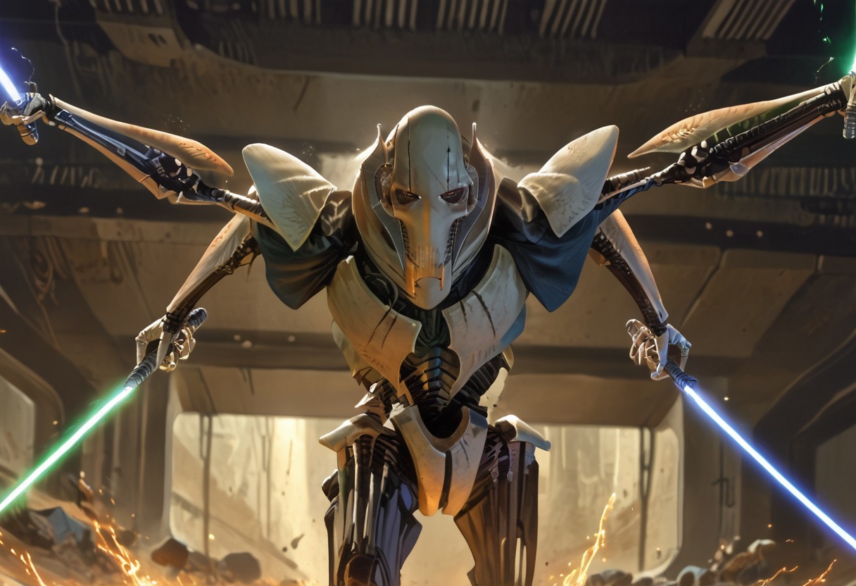 masterpiece illustration,  (score_9, score_8_up:1.1), 
((1boy,  General_Grievous )), four arms, holding energy swords, dual wielding, dynamic, action,
detailed, light and shadow, volumetric lighting, cowboy shot, science fiction, interesting composition, interesting angle, inside spaceport, sparks, action, movement, wide angle, establishing shot, 1other, jedi, sword fight,
