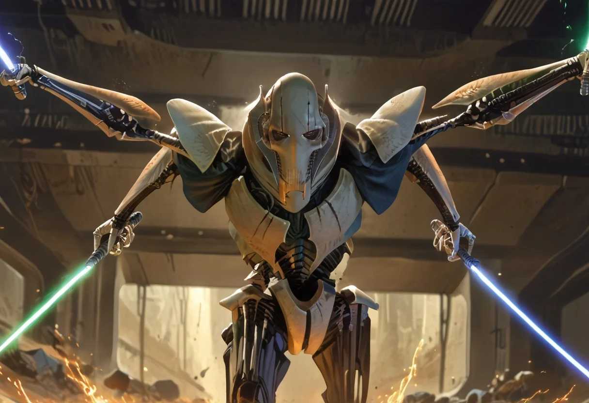 masterpiece illustration, (score_9, score_8_up:1.1),
((1boy, General_Grievous )), four arms, holding energy swords, dual wielding, dynamic, action,
detailed, light and shadow, volumetric lighting, cowboy shot, science fiction, interesting composition, interesting angle, inside spaceport, sparks, action, movement, wide angle, establishing shot, 1other, jedi, sword fight,