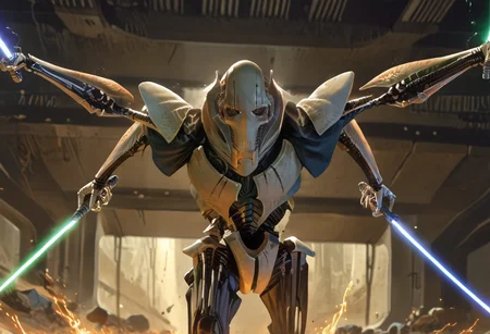 masterpiece illustration,  (score_9, score_8_up:1.1), 
((1boy,  General_Grievous )), four arms, holding energy swords, dual wielding, dynamic, action,
detailed, light and shadow, volumetric lighting, cowboy shot, science fiction, interesting composition, interesting angle, inside spaceport, sparks, action, movement, wide angle, establishing shot, 1other, jedi, sword fight,