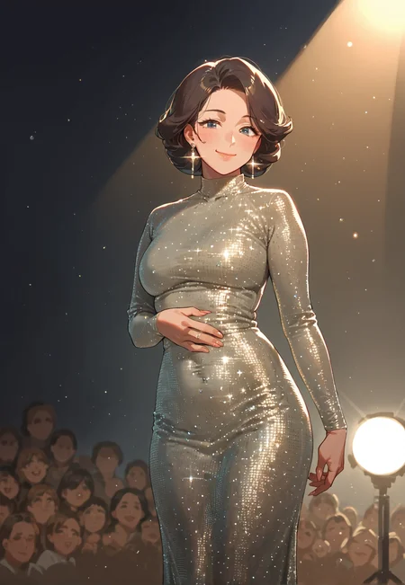 score_8_up, score_7_up, score_6_up, source_anime, 1girl, solo, stage, spotlight,
standing, pose, contrapposto, arched back, cowboy shot,
mature female, smile
sayso, long dress, sequins, <lora:Say_So:1>