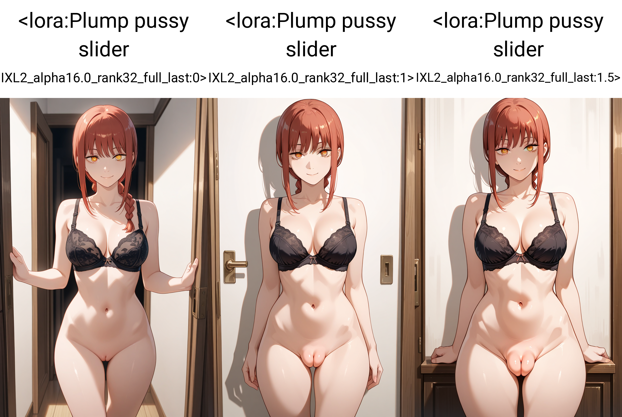 masterpiece, best quality, 1girl, pussy, standing, looking at viewer, straight-on, makima \(chainsaw man\), black bra, smile,    <lora:Plump pussy slider IXL2_alpha16.0_rank32_full_last:0>
