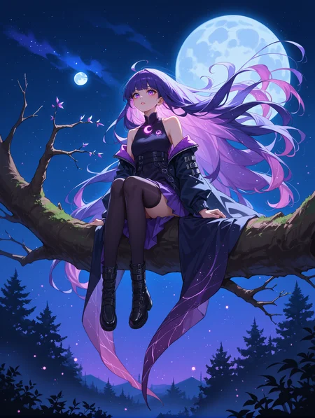 score_9, score_8_up, score_7_up, source_anime,
surreal,
1girl,Kpop idol, very long hair, floating hair,glowing hair,
night scene,moon in the sky,purple hues,starry night,dreamlike atmosphere,glowing edges,mystical,high contrast,ethereal light,sitting on a tree branch,light particles,