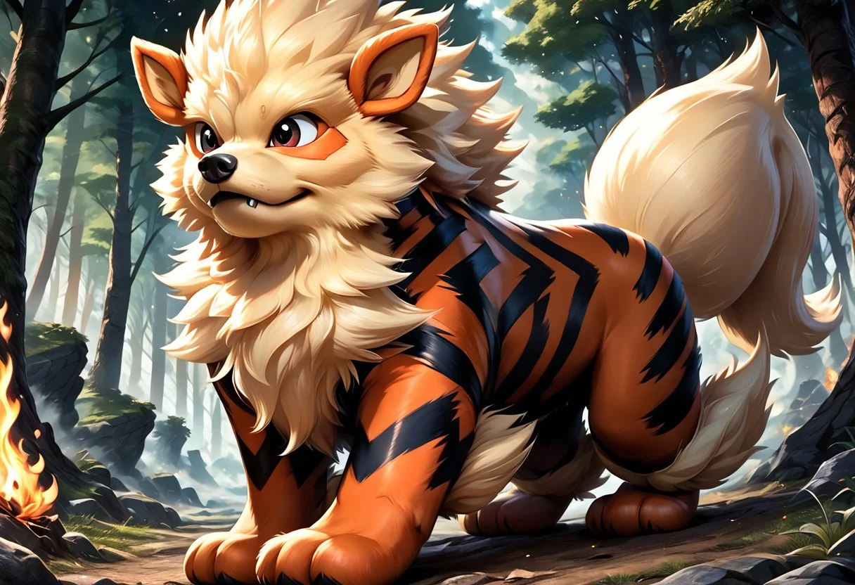 score_9, score_8_up, score_7_up, source_feral, male, arcanine, 3toes, claw on each toe, cute, forest, fluffy fur, flame strike, front view, digital drawing, detailed, detailed elements, epic, solo, full body landscape, eye focus