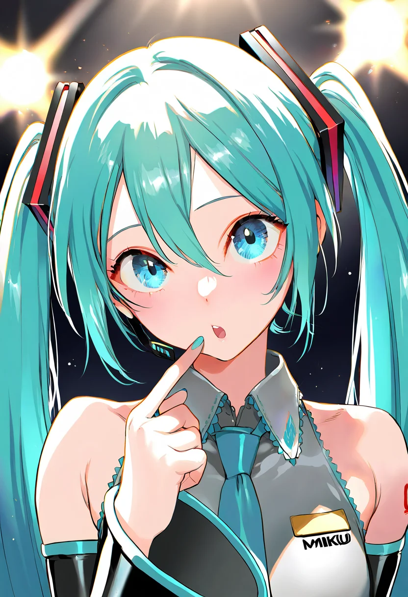 artist:[pottsness|Orushibu|clamp \(circle\)],
(((masterpiece,best quality,newest,absurdres,highres))),
<break>
1girl, solo, solo focus, looking at viewer, portrait, pointing at self,
hatsune miku, hatsune miku \(cosplay\),
stage lights, stage, concert,