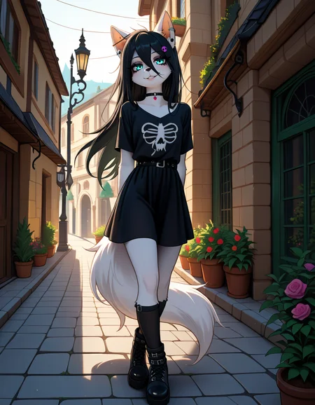 masterpiece, best quality, very aesthetic, absurdres,
outdoors,
full body, standing, posing,
goth fashion,
seductive smile, parted lips, long eyelashes,
<lora:Angel_v01_NAIXL:1>
4ng31,1girl,solo,furry,furry female,long hair,hair ornament,black hair,hair between eyes,animal ears,ear piercing,aqua eyes,snout,animal nose,choker,body fur,white fur,wolf tail,