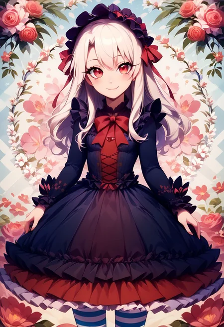 score_9, score_8_up, score_8, medium breasts, (curvy), cute, eyelashes,
BREAK,
zzIllya, red eyes, white hair,
BREAK,
closed mouth, alternate costume, smile, looking at viewer, blush,
zzLFashion, black frilled dress, frills, bow, dress, striped thighhighs, ribbons,
floral background,
zPDXL,