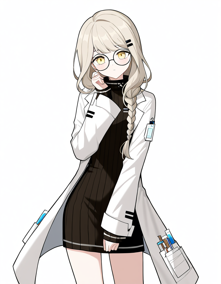 1girl,solo,lijianxi,glasses,lab coat,simple background,looking at viewer,white background,cowboy shot,<lora:lijianxi-000010:1>,, masterpiece, best quality, very aesthetic, absurdres,newest, incredibly absurdres,