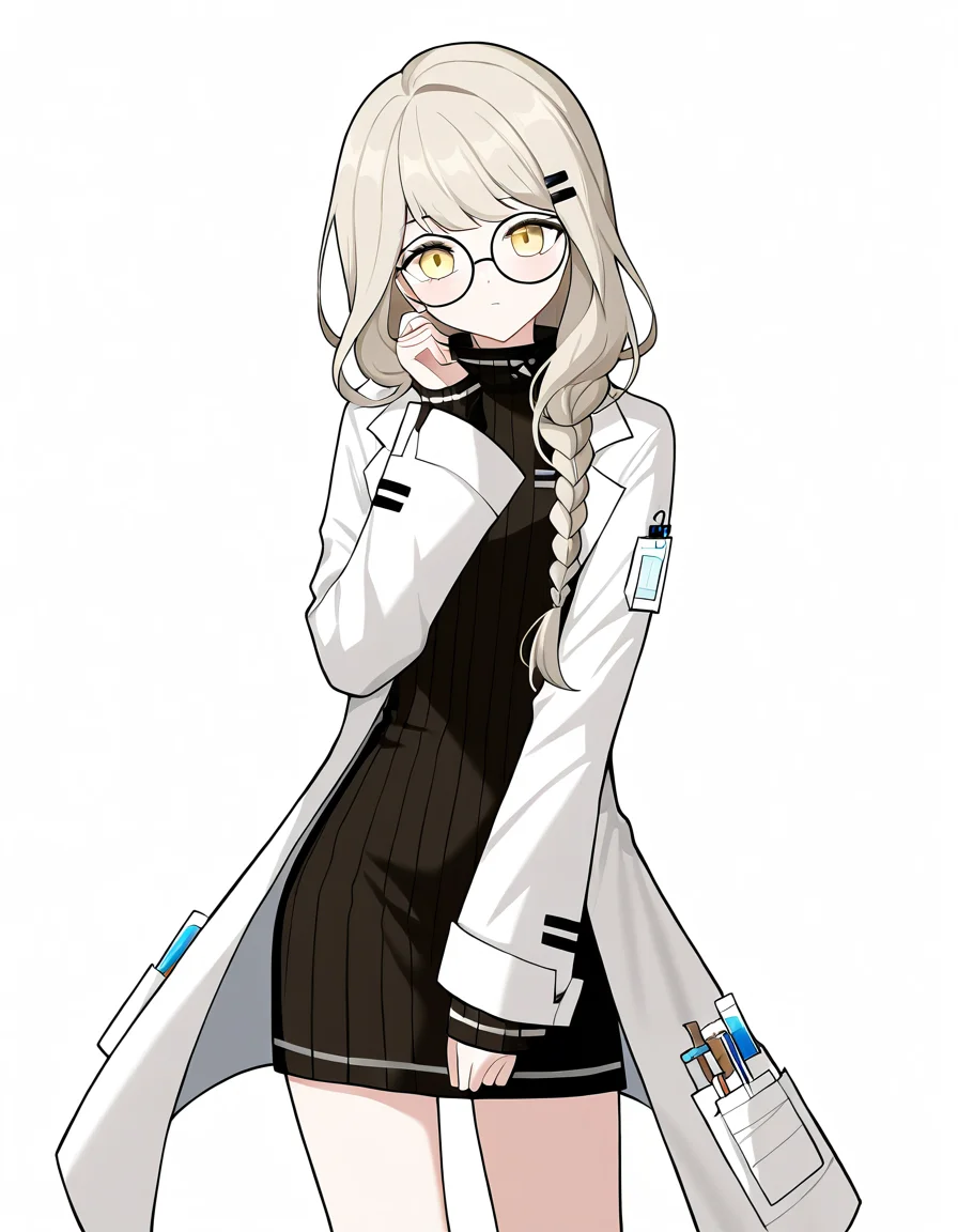 1girl,solo,lijianxi,glasses,lab coat,simple background,looking at viewer,white background,cowboy shot,<lora:lijianxi-000010:1>,, masterpiece, best quality, very aesthetic, absurdres,newest, incredibly absurdres,