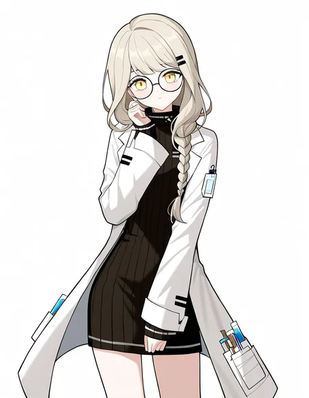 1girl,solo,lijianxi,glasses,lab coat,simple background,looking at viewer,white background,cowboy shot,<lora:lijianxi-000010:1>,, masterpiece, best quality, very aesthetic, absurdres,newest, incredibly absurdres,