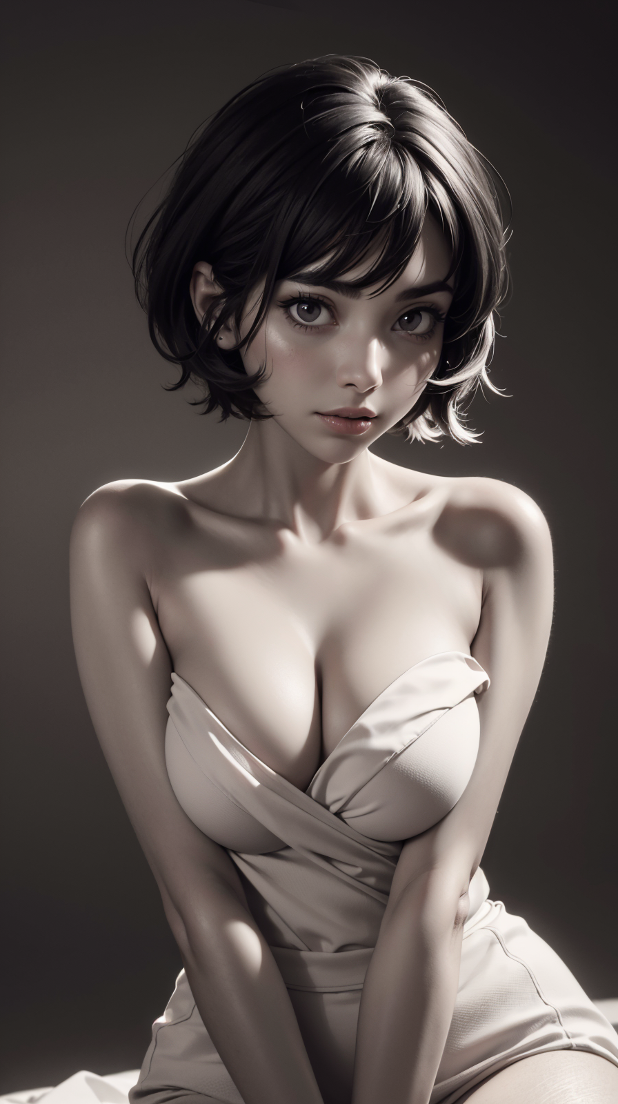 <lora:Millie_Roberts:1> black short hair, brown eyes, (SFW:1.3)  party background,desaturated background,bokeh,dark theme,soothing tones,muted colors,high contrast,(natural skin texture, hyperrealism, soft light, sharp),(close-up shot) artistic photoshoot,(naked shoulders),(cloth hides breasts),   sfw,      color