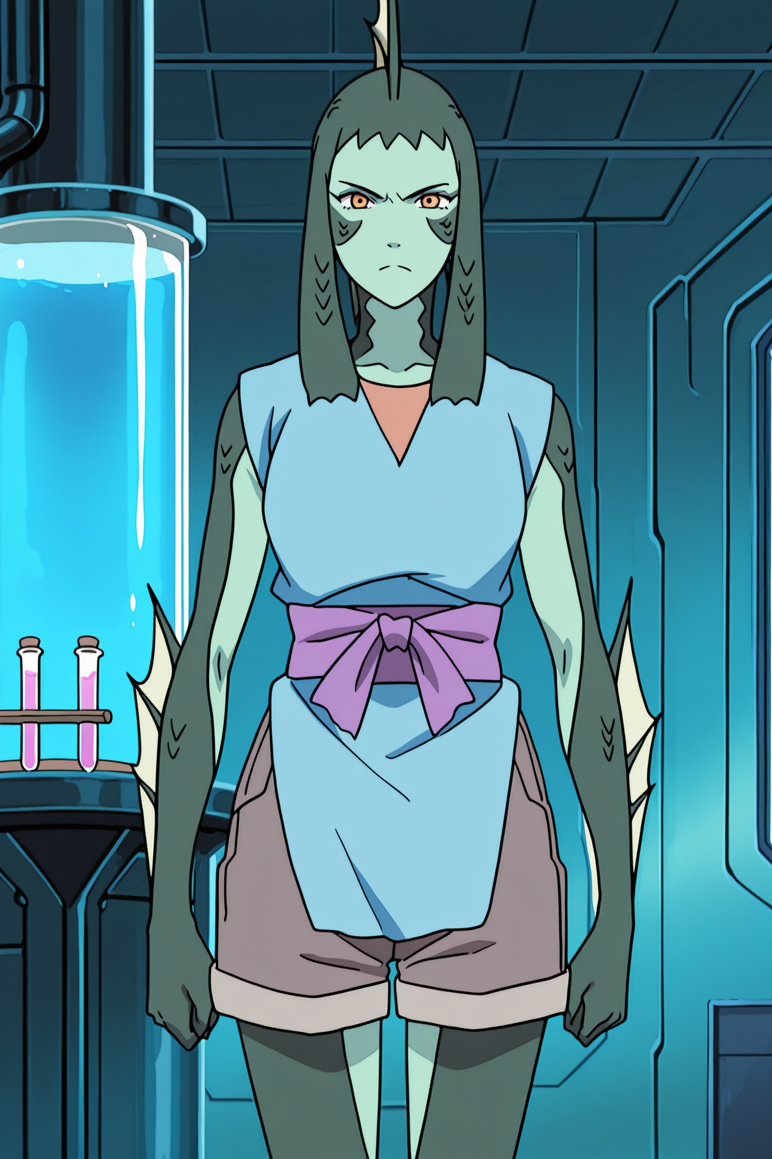 masterpiece, best quality, anime coloring, anime screencap,
 <lora:Amaru_Hanare_Isaribi_and_Koyuki_Naruto:.9>
in a laboratory, giant human-sized test tubes,
Isaribi (character), Isaribi's transformed appearance, barefoot, solo, fins, 1girl, shorts, sash, monster girl, colored skin, looking at the viewer, serious face, cowboy shot