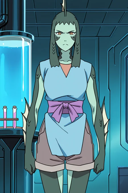 masterpiece, best quality, anime coloring, anime screencap,
<lora:Amaru_Hanare_Isaribi_and_Koyuki_Naruto:.9>
in a laboratory, giant human-sized test tubes,
Isaribi (character), Isaribi's transformed appearance, barefoot, solo, fins, 1girl, shorts, sash, monster girl, colored skin, looking at the viewer, serious face, cowboy shot