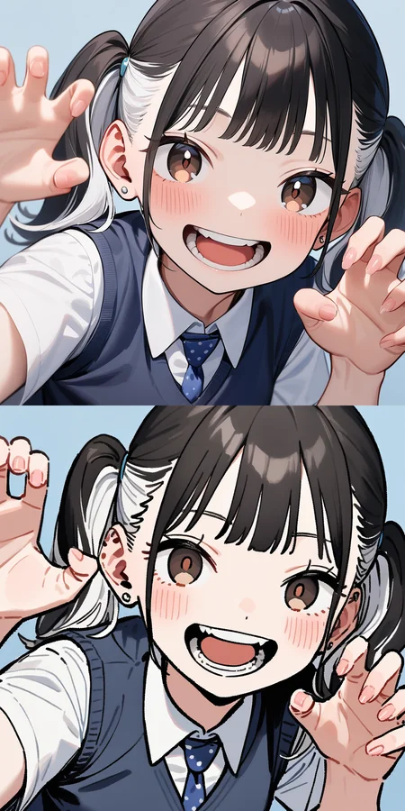 1girl, solo, standing, open mouth,teeth,smile, :d, claw pose,  fingernails, looking at viewer, close-up, portrait, small breasts, 
none,
Kashiro-san,  two-tone hair, black hair, white hair, twintails, ear piercing, stud earrings, brown eyes,blush,dot nose
RDGirlSchoolUniform, collared shirt, short sleeves,  blue necktie,polka dot, blue plaid skirt, pleated skirt, blue sweater vest, 
newest,blue background <lora:[AnimagineXL_V3.1]Kashiro-san_RuriDragon_v.1.0:0.95> <lora:Detailed_female_hands:0.7>, masterpiece, best quality, very aesthetic, absurdres