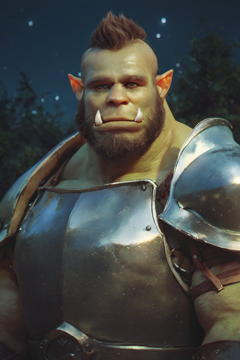 score_9, score_8_up, score_7_up, solo, male focus, mature male, orc, green skin, tusks, beard, outdoors, armor, looking at viewer, shoulder armor, breastplate, upper body, closed mouth, pauldrons, night, night sky, standing <lora:Photo 2 Style SDXL_LoRA_Pony Diffusion V6 XL:1>