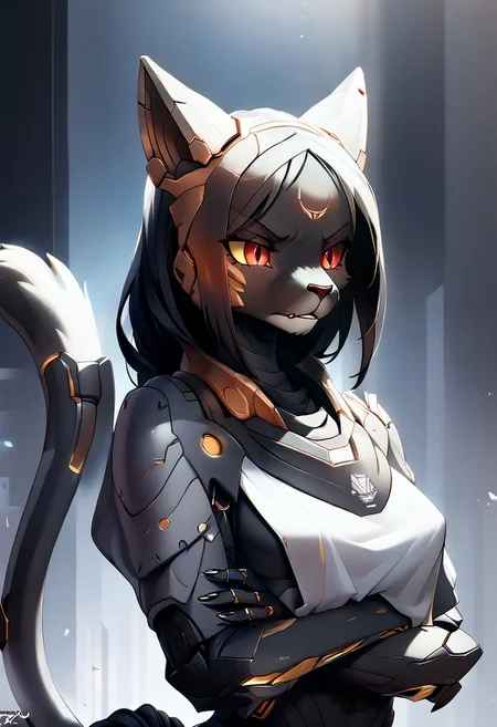 masterpiece, score_9, score_8_up, score_7_up, score_6_up, (by zinfyu), dark atmosphere, emotional depth, cinematic lighting, hyper-detailed, mcnm, source_furry, anthro, furry, 1girl, mechanical Khamira, mech black hair, feline, detailed face, detailed eyes, black fur, cyborg red eyes, ((crossed arms)), cyber cat tail, glowing animal ears, angry, dim dramatic lighting, dark and moody background, emotional and detailed composition, subtle glow in the eyes, hair slightly disheveled, detailed textures and fur