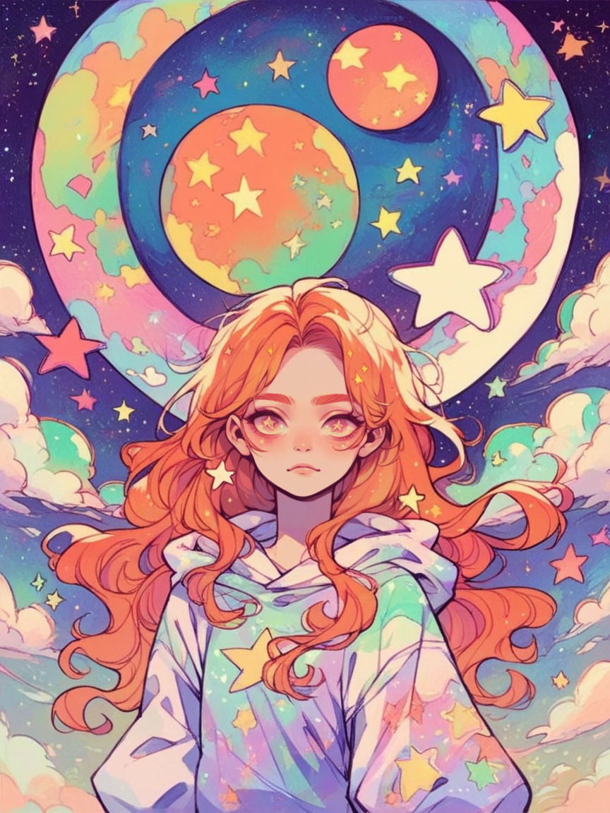 score_9, score_8_up, score_7_up, score_6_up,  mushg4l, 1girl, colourful, trippy, moon, stars, long hair, ginger hair <lora:mushg4lXLP:0.8>