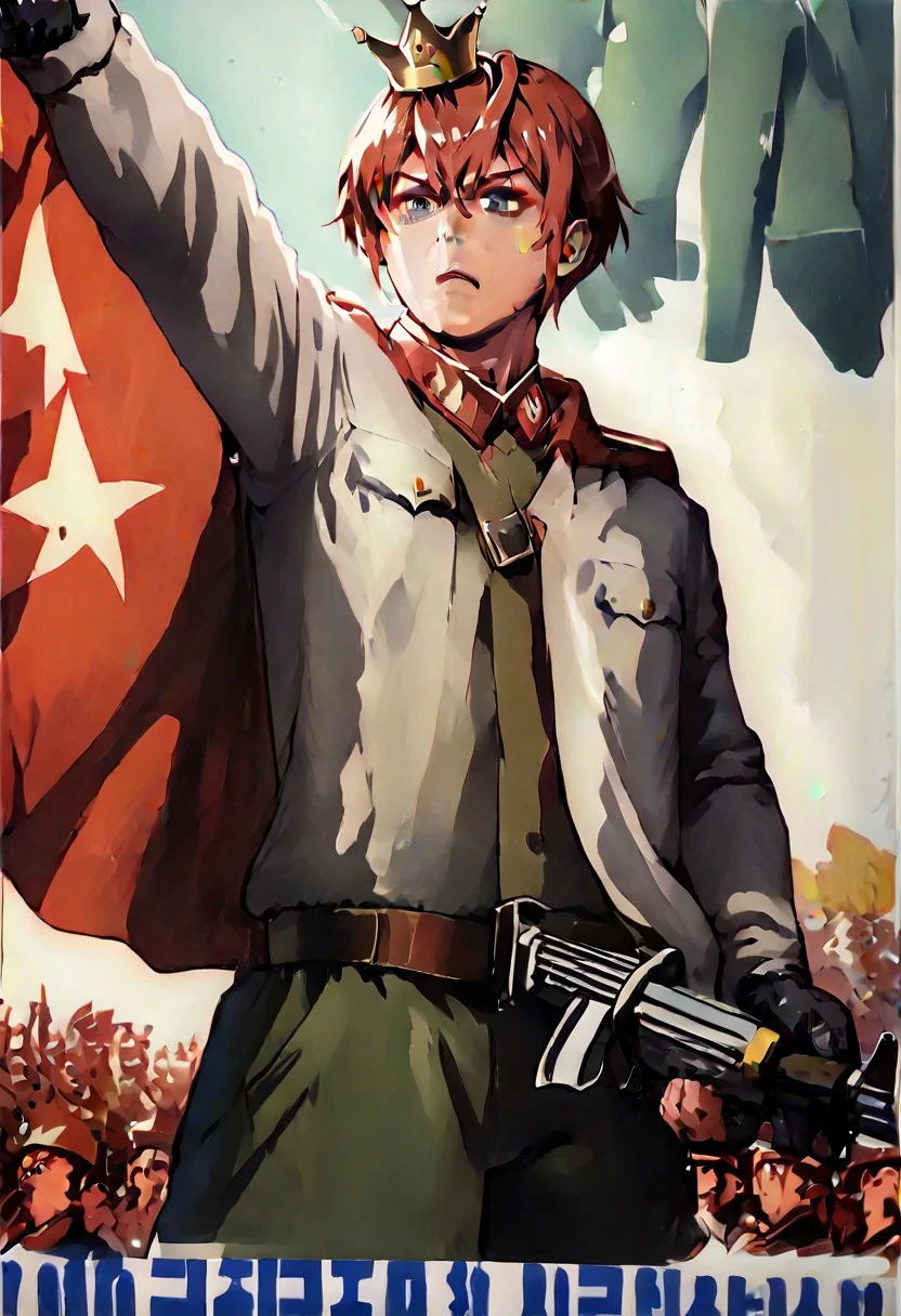 score_9, score_8_up,score_7_up,source_anime, highly detailed, highly detailed eyes, 1boy, solo, male_focus, 1boy,Riddle RoseheartsPDXL,red hair, greys eyes,dormitory uniform, gloves, crown, thigh boots, boots, white pants, high heels, cape, mini crown, black gloves, white jacket, (+ flower),soldier, war, 6+boys, uniform, assault rifle, rifle, male focus, North Korea, silhouette, hat, military, weapon,soviet poster