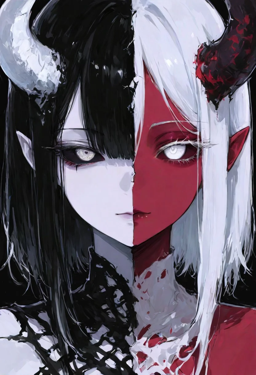 masterpiece, best quality, good quality, very aesthetic, absurdres, newest, 8K, depth of field, in the style of cknc, artist:moriimee, in the style of cksc,
1girl, (((split face))) (((right side angle face, long white hair, white eye, pale skin, no horn))) ((( left demon side, black hair, red skin, ember eye, succubus, single demon solo horn,))) face focus, split identical face