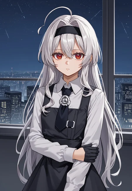 1girl, solo, solo focus, highres, absurdres, Eve.AIC, very long hair, red eyes, black hairband, ahoge, white shirt, long sleeves, black gloves, white hair, collared shirt, pinafore dress, bangs, necktie, hair between eyes, hair intakes, black dress,

looking at viewer, expressionless, holding own arm,

window, cityscape, science fiction, cyberpunk, dark, night, night sky, 
