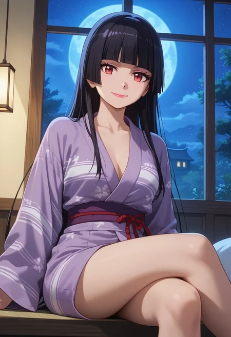 score_9, score_8_up, score_7_up, source_anime, rorymercury,
<lora:rory-mercury-s1s2-ponyxl-lora-nochekaiser:1>, rory mercury,
1girl, solo, closed mouth, light smile,
long hair, black hair, red eyes, hime cut, blunt bangs, lipstick,
yukata, purple kimono, open kimono, breast,
sitting, crossed legs, looking at viewer, 
indoors, window, night, moon