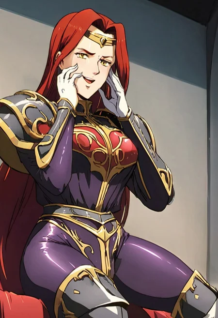 (best quality) , (highly detailed) , (best quality) , (highly detailed) ,((masterpiece)), ((best quality)), (ultra-detailed), ((extremely detailed)), (high resolution), 4K, (8K), best quality, (beautiful), (dynamic lighting), (super detailed skin), sharp focus, 1girl
<lora:fana_v1:1>,fana,circlet,red hair,yellow eyes, smiling, long hair
<lora:Fixhands_anime_bdsqlsz_V1:1>,
BREAK
smile, cape, open mouth, laughing, smiling, upper teeth, confident, pauldrons, sitting, holding sword, armored boots,(((medieval armor,adventurer armor))),((,embroidered clothes,ornate armor, renaissance armor,))) (((lustrous skin:1.5,bright skin: 1.5,skin,shiny skin,very shiny skin,shiny body,plastic glitter skin,exaggerated shiny skin,illuminated skin))),(detailed body,(detailed face)), Standing, hands on cheeks