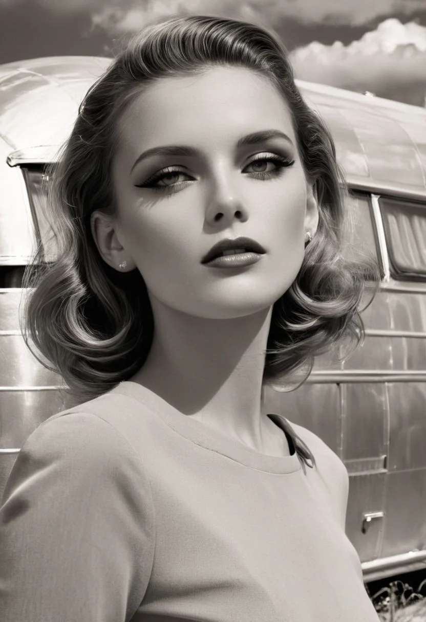 vogue black and white cover shoot, close-up detailed retro gorgeous female model, spring, location is a pastel shiny airstream caravan in the desert, cumulus clouds visible, 64k, UHD masterpiece, Hasselblad medium format, Professional studio lighting, shallow depth of field, rule of thirds, Unique, Artistic and Breathtaking Composition, by Ellen von Unwerth
