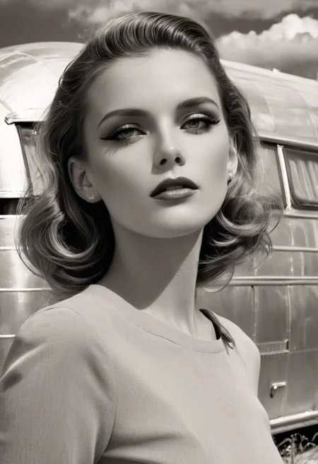 vogue black and white cover shoot, close-up detailed retro gorgeous female model, spring, location is a pastel shiny airstream caravan in the desert, cumulus clouds visible, 64k, UHD masterpiece, Hasselblad medium format, Professional studio lighting, shallow depth of field, rule of thirds, Unique, Artistic and Breathtaking Composition, by Ellen von Unwerth