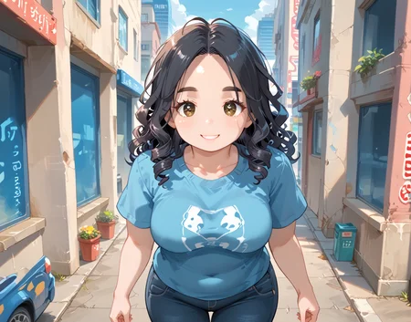 PonyScores7, source_anime, ah1, IllustriousQual, <lora:natsumi_style:0.5>, <lora:by_usakun-pony:0.4> by usakun, <lora:Akina_Bbw_Style_-_PonyXL:0.2> AkinBw
BREAK (split crop)
BREAK 1girl, mature female, (round face:1.2), (thick eyebrows:1.3), (curvy), round-chin, caucasian, (plump face), <lora:Round_face:0.2>, <lora:ETO_OCPonyXL:0.3> eto_oc, skindentation, (plump), thick thighs, wide hips, busty, voluptuous, lips, <lora:venus body PonyXL:0.3>, <lora:shinyskin2:0.2> glistening skin
BREAK  (((curly hair), long hair, (black hair:1.4), (parted hair:1.7), messy hair, kinky curls, <lora:hairdetailpxl:0.2> hairdetailpxl))
BREAK ((brown eyes), (colorful eyes), (multicolored eyes), (downturned eyes:1.4), <lora:expressive eyes:0.2> expressive eyes, <lora:eyedetailpxl:0.2> eyedetailpxl, <lora:Eyes_High_Definition:0.2> EyesHD)
BREAK ((fascinated expression, Bright eyes, slight smile, open expression,  <lora:Expressive_H:0.2> Expressiveh, <lora:Emotional_Anime_Expressions_PonyXL_Concept:0.2> emotional, <lora:Best_Facial_Expression_LoRA_PONY:0.2>, looking at viewer, <lora:Detailed expressive EXEV style -XL Pony V1.0:0.2> FaceDetail))
BREAK ((star hands))
BREAK hot pink chic navy blue cardigan over a white t-shirt and dark jeans
BREAK (((Behind a rusted, abandoned gas station, where the only sound was the distant howl of the wind, a portal materialized with a low hum, On the other side, a sprawling metropolis of the future unfolded, its buildings sleek and angular, constructed from materials that seemed to shift and change color with every passing moment, Above the city, a network of elevated walkways and transparent tubes connected the skyscrapers, while below, hovercars glided silently along the streets, leaving trails of neon light in their wake)))
BREAK <lora:xl_more_art-full_v1:0.2>, <lora:aesthetic_anime_v1s:0.2>, <lora:EpicF4nta5yXL:0.2>, <lora:detailxl:0.2> detailxl, <lora:Fant5yP0ny:0.2>, best quality, amazing quality, best aesthetic, absurdres, illustration, Volumetric_Lighting, ultra-detailed, very aesthetic, intricate details, 8k, masterpiece, best_quality
BREAK Stable_Yogis_PDXL_Positives, AS-Adult, <lora:Complicated fantasy portrait - XL Pony V2.0:0.2>, bad-hands-5, <lora:HDA_Detailer:0.3>, HDA_FatGirlXL
