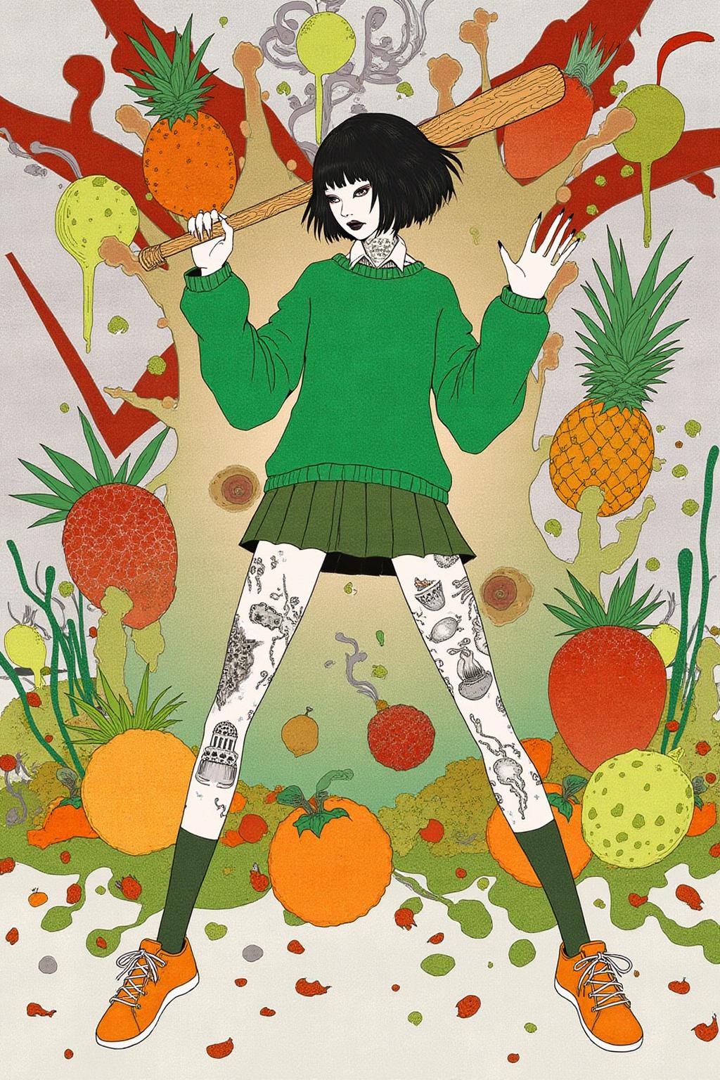 kchiba1 illustration. 
liquid splash, cartoonish juicy fruits chaos, dynamic pose, dynamic camera, a fashion shoot, an illustration of a woman threateningly holding a baseball bat in her hands, full body tattoo, wearing green short sweater, miniskirt, knee socks, orange sneakers, aggressive facial expression, wall with graffiti in the background,
 <lora:kchiba1_cap_d6a3:1.0><lora:837665974741192747:0>