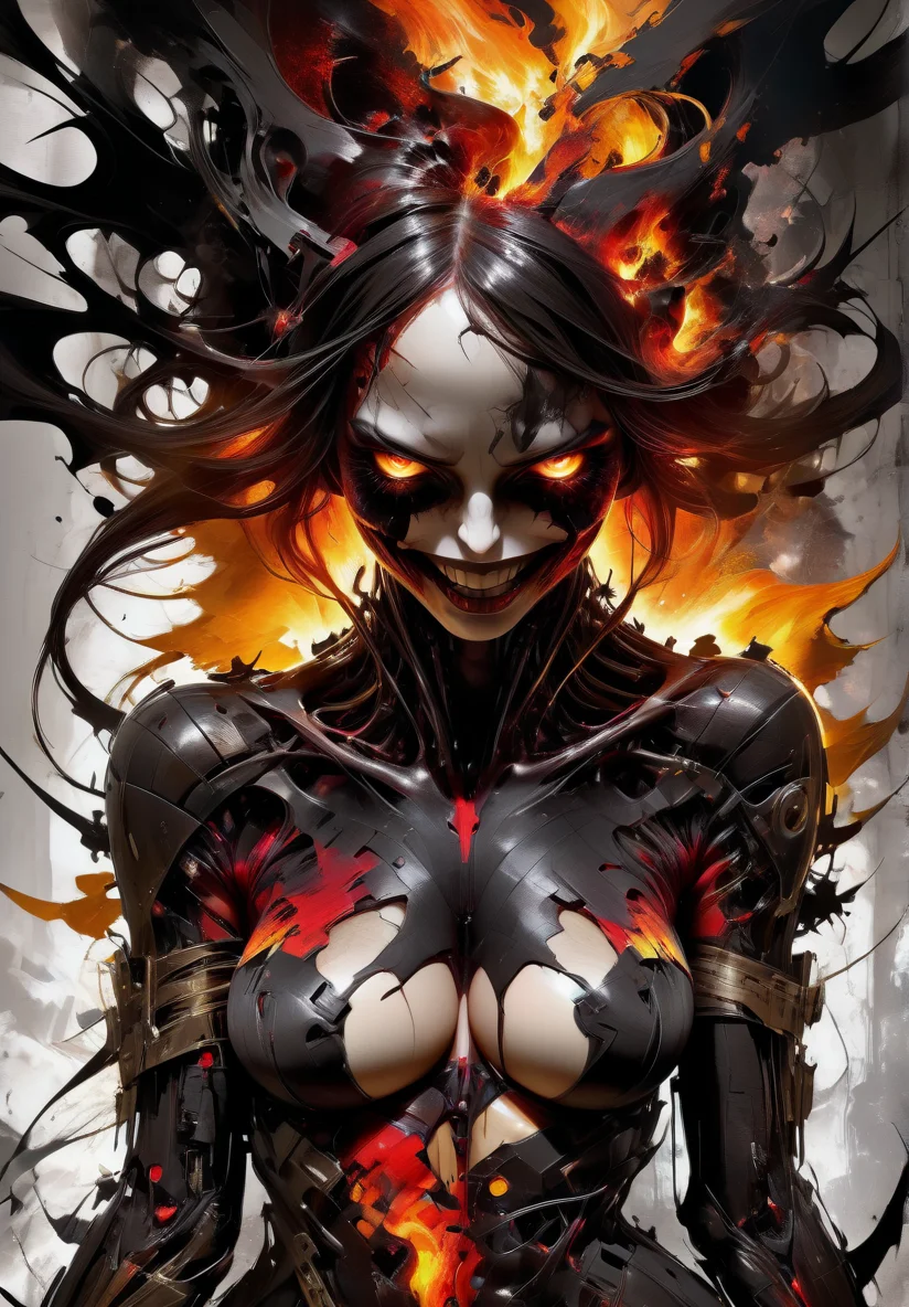 art by yossi kotler and russ mills,woman,beautiful,(frontview,,sexy,nsfw,full body:1.5),masterpiece,(laugh,anger),8k,Infernal style,far shot,<lora:InfernalStyleXL-000006:0.36>,fire effects,8k uhd,absurd res,ultra detailed,masterpiece,awardwinning,sharp focus,intricate detail,50mm lens,glowing,epic,trending on artstation, <lora:YossiKotlerXLStyle:0.39>,yktlr,abstract,messy,dark and demonic, <lora:RussMillsXL:0.56> rsmls, surreal,ambient