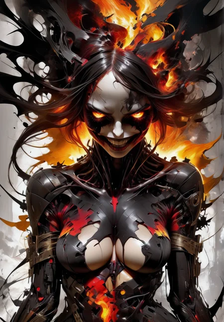 art by yossi kotler and russ mills,woman,beautiful,(frontview,,sexy,nsfw,full body:1.5),masterpiece,(laugh,anger),8k,Infernal style,far shot,<lora:InfernalStyleXL-000006:0.36>,fire effects,8k uhd,absurd res,ultra detailed,masterpiece,awardwinning,sharp focus,intricate detail,50mm lens,glowing,epic,trending on artstation, <lora:YossiKotlerXLStyle:0.39>,yktlr,abstract,messy,dark and demonic, <lora:RussMillsXL:0.56> rsmls, surreal,ambient