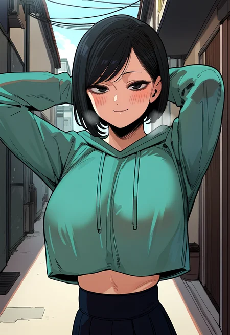 score_9, score_8_up, score_7_up, score_6_up, source_anime, rating_explicit, <lora:neg4all_bdsqlsz_V3.5:2.0>1girl, solo, huge breasts, <lora:Woo Ji-youngponyxl:1> short hair, black hair, black eyes, green hoodie, long sleeves, miniskirt, black skirt, pleated skirt, smile, Narrow shoulders, heavy breathing, steaming body, alley, outdoors, looking at viewer, standing, arms behind head, close-up