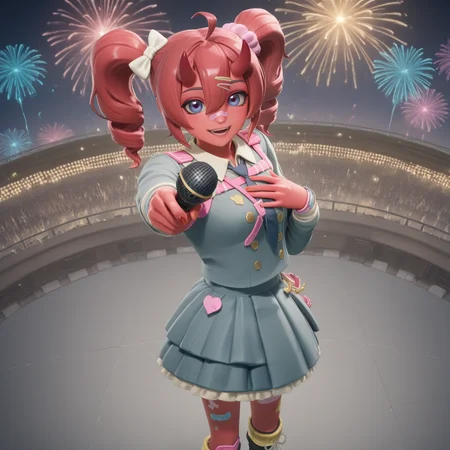 highly detailed, (from above, pointing at viewer, pov, upper body:1.3), (singing on stage, concert hall, night, fireworks, holding microphone, detailed background, hand on own chest, singing:1.5), (fortnite_nemia:1.6), 1girl, solo, green hair, twintails, ponytail, long hair, bangs, hair between eyes, hair over one eye, ears, horns, oni horns, single horn, red skin, pink skin, blue eyes, parted lips, bandaid, bandaid on nose, bandaid on thighs, colored skin, hair ornament, hairclip, scrunchie, kasane teto, boots, bow, buttons, cross-laced footwear, double-breasted, drill hair, frilled skirt, frills, grey jacket, grey skirt, hair bow, jacket, lace-up boots, layered skirt, long sleeves, multicolored hair, red hair, red nails, shirt, skirt, sleeve cuffs, smile, twin drills, white bow, white hair, <lora:Fortnite_Nemia_Demonically_Cute_Set_ILXL_E29_16_DIM:1>