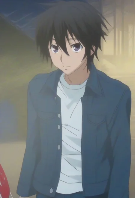 ((masterpiece)), ((best quality)), ((ultra-detailed)), ((absurdres)), score_9_up, score_8_up, score_7_up,
HD, top quality, best quality, amazing quality, High-quality illustrations, anime screencap, source_anime, best aesthetic, perfect proportions, perfect eyes, 1boy, 1male, solo boy, solo male, male focus, solo male focus, Anime, boy, male anime character, anime boy, handsome, cute, charming, sexy, good-looking, Minato Sahashi, black hair, thick hair, messy hair, gray eyes, ((blue denim jacket, open jacket, white shirt)), ((blue jeans)), ((lean body)), ((tall body, tall height)), ((Tokyo Japan city, street, buildings)), ((happy, smiling, closed mouth)), ((front view, front shot, facing front, view from the front)), ((cowboy shot, head to hips shot)), easynegative, updn, Expressiveh, masterpiece, best quality, very aesthetic, absurdres