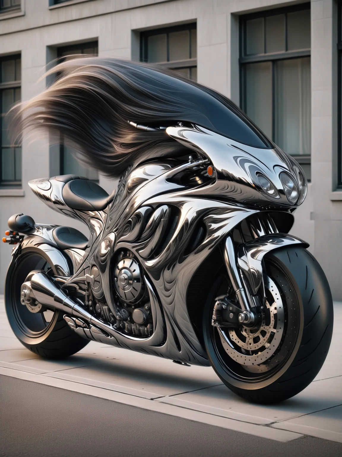 Gleaming chrome motorcycle adorned with sleek, black ais-hairz flames <lora:Hairy_Style_SDXL:1>