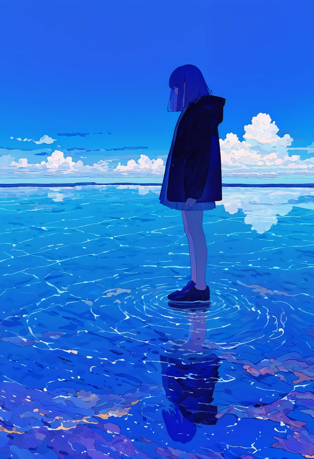 <lora:MF9fMTFYeA==-noobaiXLNAIXL_epsilonPred_V110_V1-CAME>, MF9f, 1girl, solo, sky, cloud, reflection, standing, blue sky, outdoors, day, ocean, reflective water, long hair, water, wide shot, jacket, long sleeves, medium hair, horizon, hood, cloudy sky, arms at sides, hood down, black jacket, blue theme, skirt, standing on liquid, full body, dress, scenery, shoes, open clothes, from side, open jacket, hooded jacket