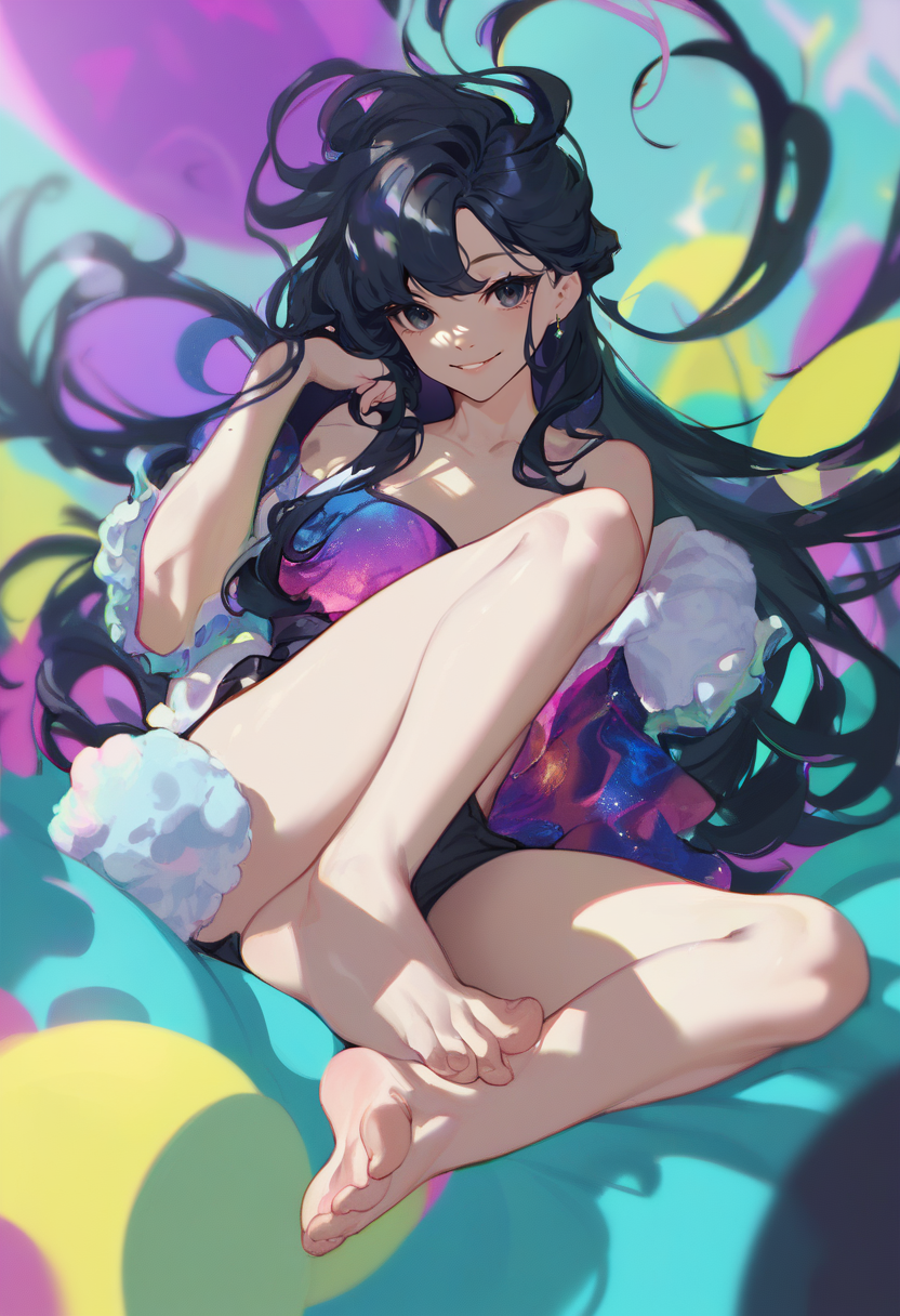score_9, score_8_up, score_7_up, score_6_up, <lora:DPOXL:1> <lora:yoneyamaiXL_JS2_lokr_V12:1> 1girl, solo, barefoot, black hair, smile, long hair, looking at viewer, abstract, feet