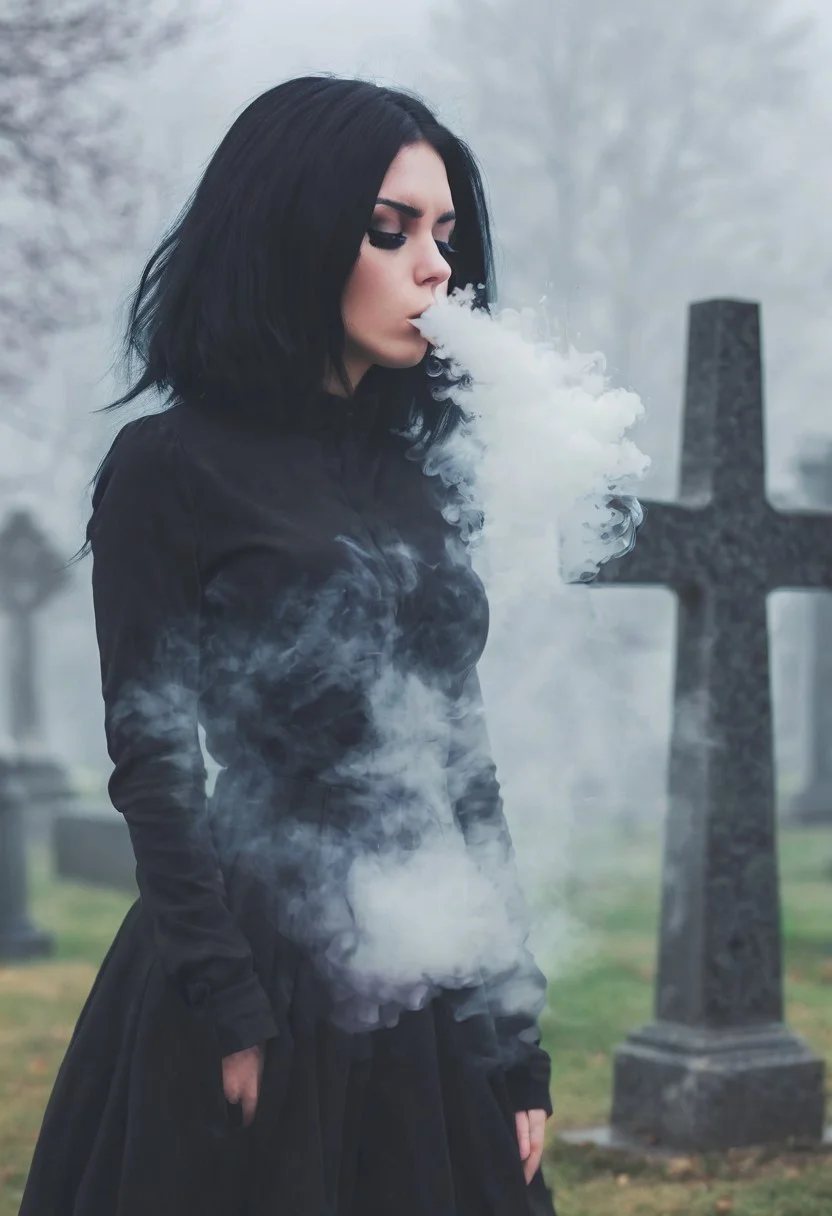 <lora:VapeXL-08:1.0> VapeXL, girl blowing smoke, black hair, black eyeliner, fog, cemetery