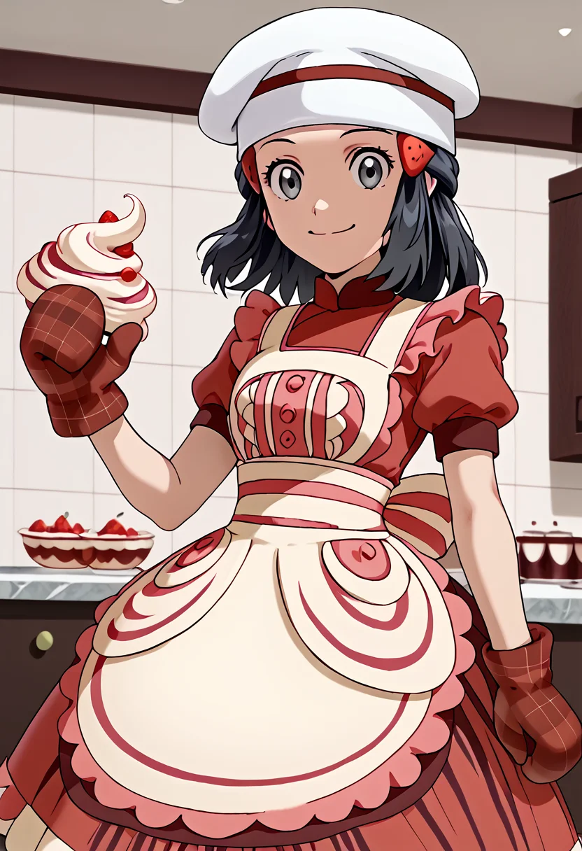 Twirling with dress flying up,  smile,  indoors,  1girl, <lora:DawnPony:1>  Dawn_Vallentine, medium hair, black hair, grey eyes, hair ornament, chef hat, white apron, buttons, red dress, short sleeves, red mittens, red footwear,
