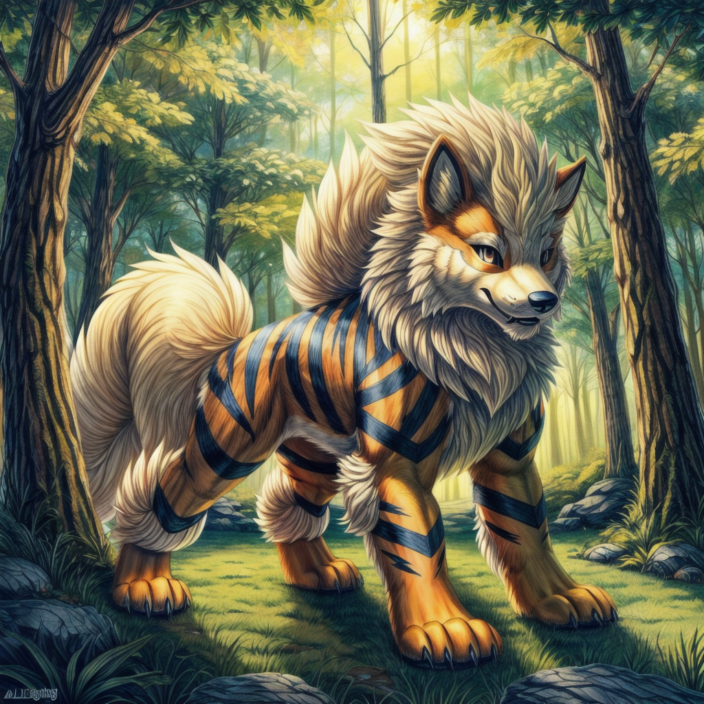 (((Arcanine, Pokmon, Animal,))), solo, single, Tiger, wolf, orange fur, fluffy,   <lora:Arcanine - Pokmon:1>
(masterpiece, sidelighting, finely detailed, beautiful),  <lora:add_detail:1> <lora:hairdetailer:0.2>
In forest, <lora:pokemon_v3_offset:0.3>