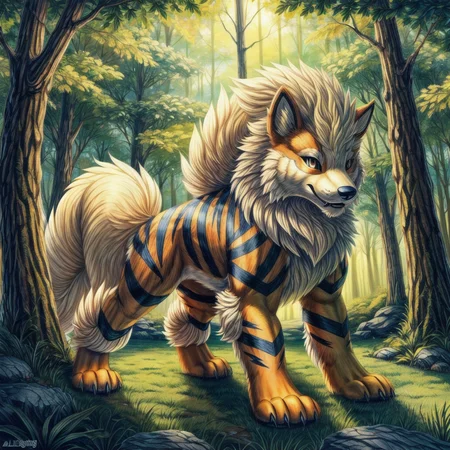 (((Arcanine, Pokmon, Animal,))), solo, single, Tiger, wolf, orange fur, fluffy, <lora:Arcanine - Pokmon:1>
(masterpiece, sidelighting, finely detailed, beautiful), <lora:add_detail:1> <lora:hairdetailer:0.2>
In forest, <lora:pokemon_v3_offset:0.3>