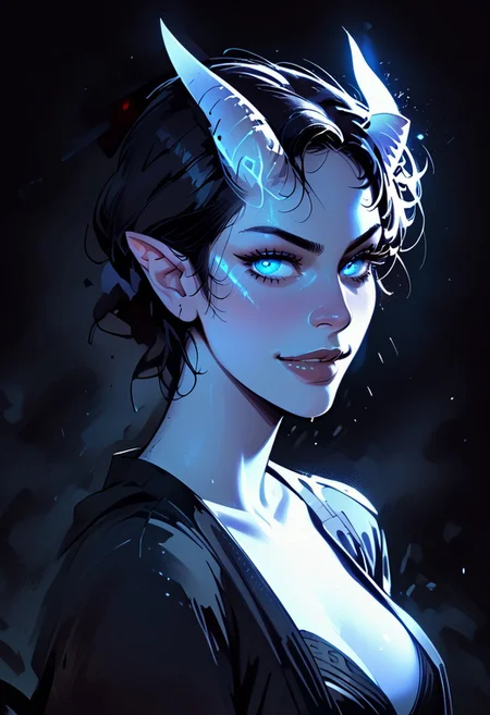 score_9, score_8_up, score_7_up, sinozick style, rating_suggestive, female, warrior,Tiefling, pale skin, pointed ears, oni horns, colored sclera, blue eyes, short hair, black hair, glowing eyes, (smug 0.1), flat color, dark theme,