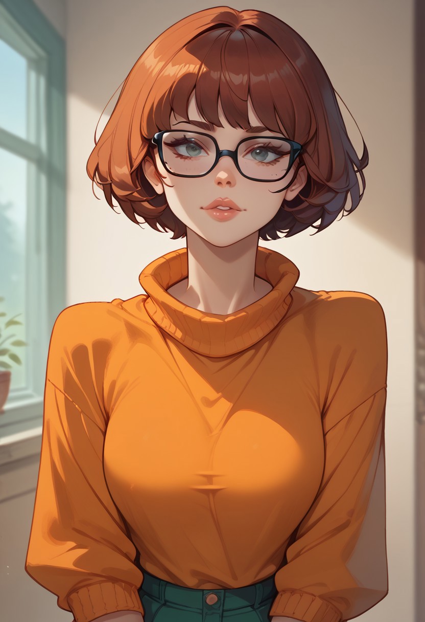 score_9, score_8_up, score_7_up, score_6_up, 1girl, solo, looking at viewer, flirty, Velma,