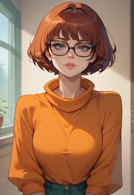 score_9, score_8_up, score_7_up, score_6_up, 1girl, solo, looking at viewer, flirty, Velma,