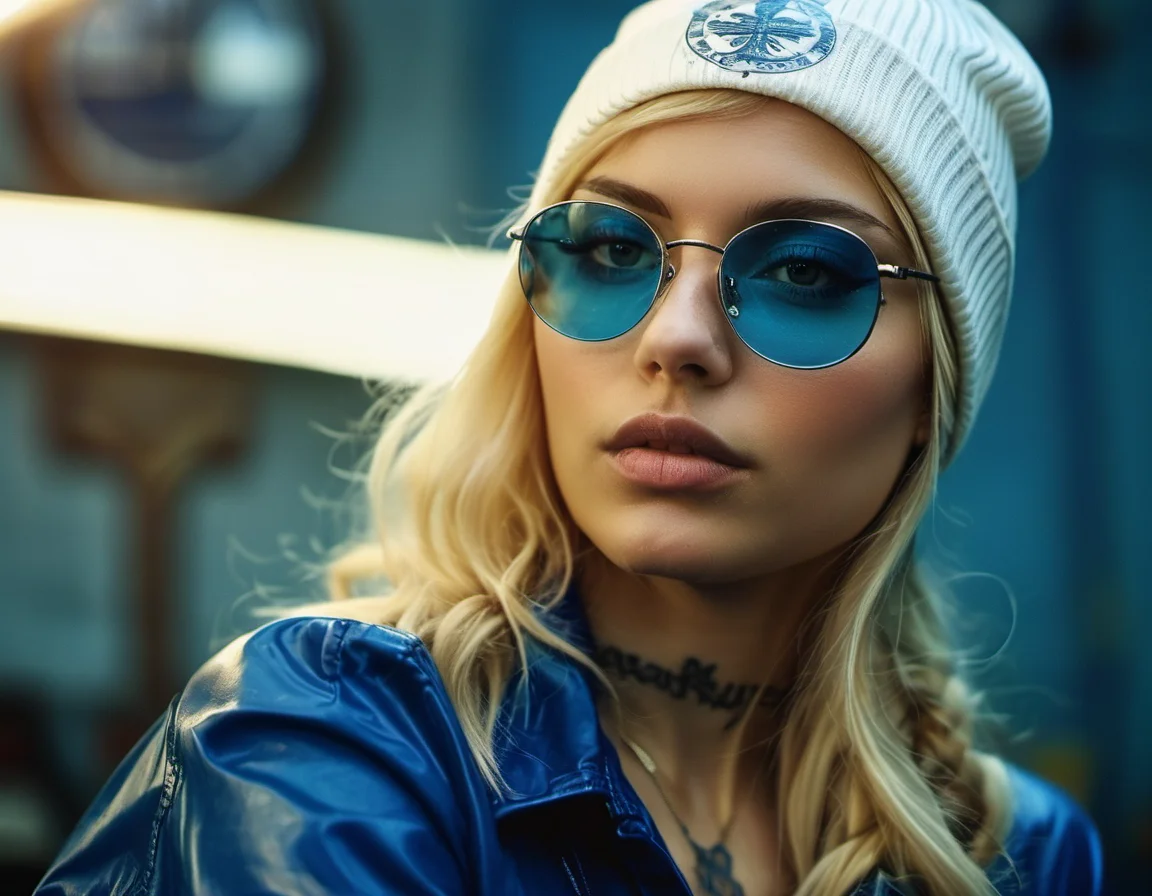 A blonde sexy girl, wearing glasses at latex shirt and a blue beanie with a tattoo, blue and white, highly detailed, sublime, extremely beautiful, sharp focus, refined, cinematic, intricate, elegant, dynamic, rich deep colors, bright color, shining light, attractive, cute, pretty, background full, epic composition, dramatic atmosphere, radiant, professional, stunning, <lora:MJ52:0.6>