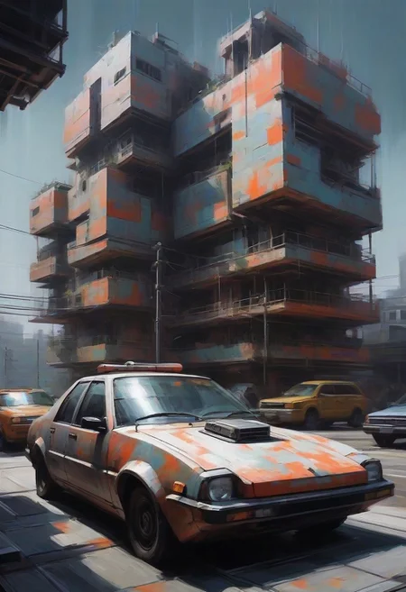 tb, Painting, robot city, flying cars, geometric buildings, industrial, traditional media, thick brush strokes, meticulous detail, dramatic lighting, OverallDetailXL,