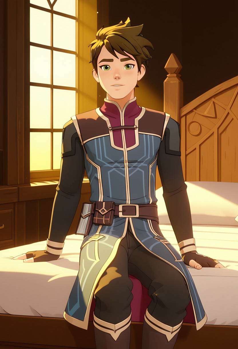Score_9, Score_8, Score_7, TDPStyle, Callum, Messy Hair, Green Eyes, Blue Mage Outfit, sitting on a bed,, with sunlight filtering through the windows,