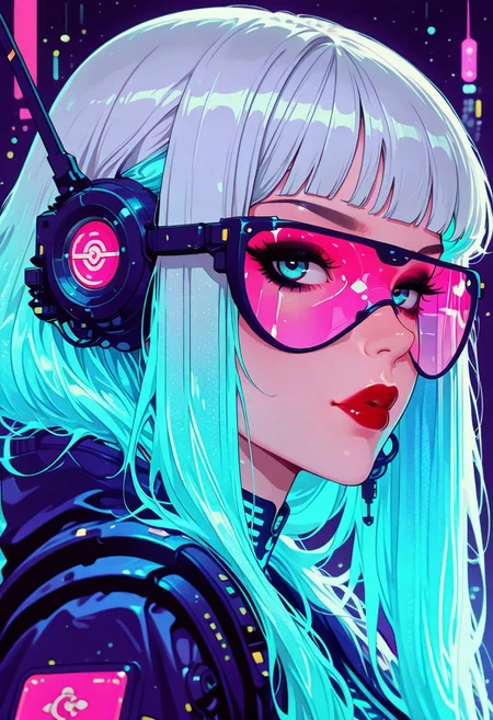 in the style of cksc, in the style of cknc, in the style of ck-rw, artist:moriimee, masterpiece, best quality, good quality, very aesthetic, absurdres, newest, 8K, depth of field, focused subject,
 close up, stylized, in black and neon shades, dark eyeshadow, red lips, long flowing silver and blue bioluminescent hair, bangs, asian female angel, overlooking sci-fi city, viewed from side, turning to look at viewer